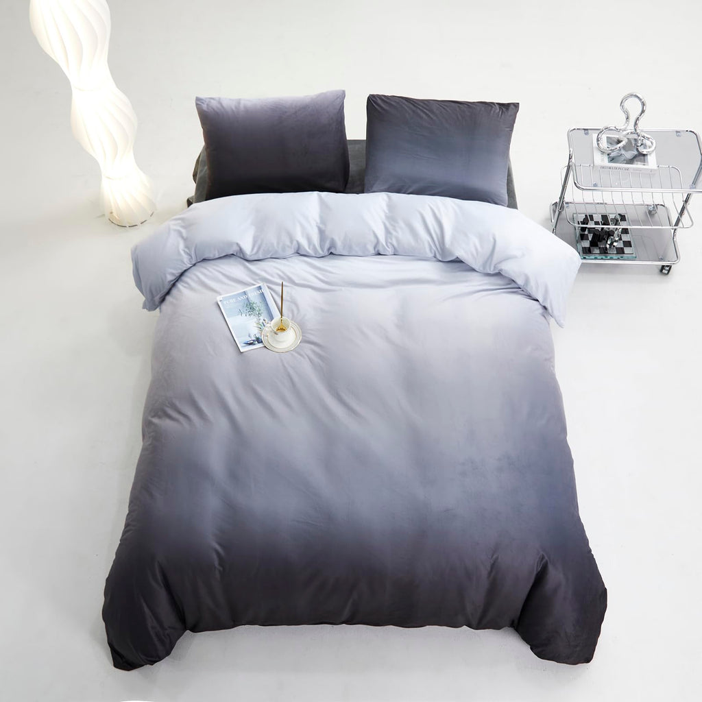 Gray White Gradient Comforter Set Gray Velvet Bedding Comforter Modern Plain White and Deep Gray Gradient Soft