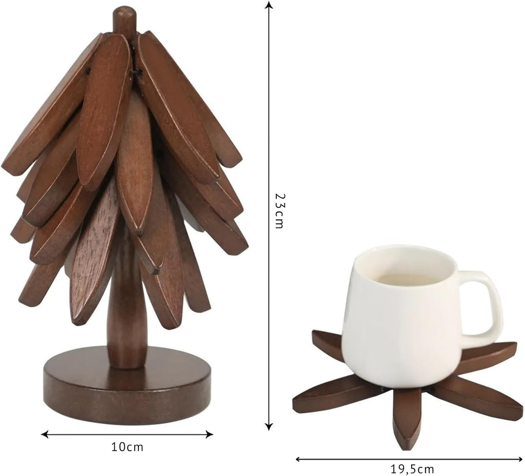 Wooden Trivet Tree for Hot Dishes, 4 Coasters + Stand, Walnut Finish - Set of 5