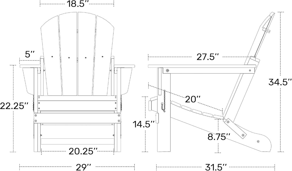 WO Home Furniture Laguna Folding Adirondack Chairs Set of 2, HDPE Patio Chair, All Weather Use Fire Pit Chair for