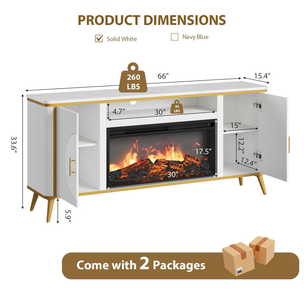 Fluted Fireplace TV Stand Up to 80" TVs, Modern Entertainment Center with 30" Electric Fireplace, Luxury Media