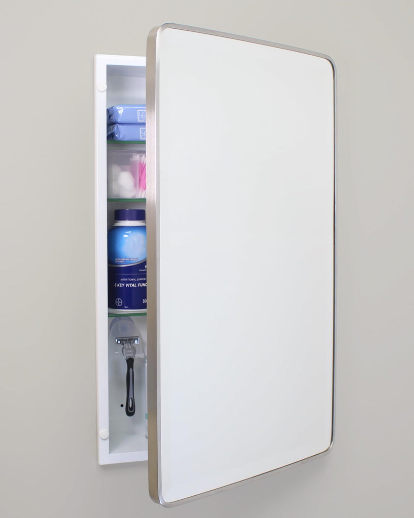 16x26 Austin Farmhouse Metal Framed Rounded Rectangle Recessed Bathroom Medicine Cabinet, Beveled Mirror, 14x24