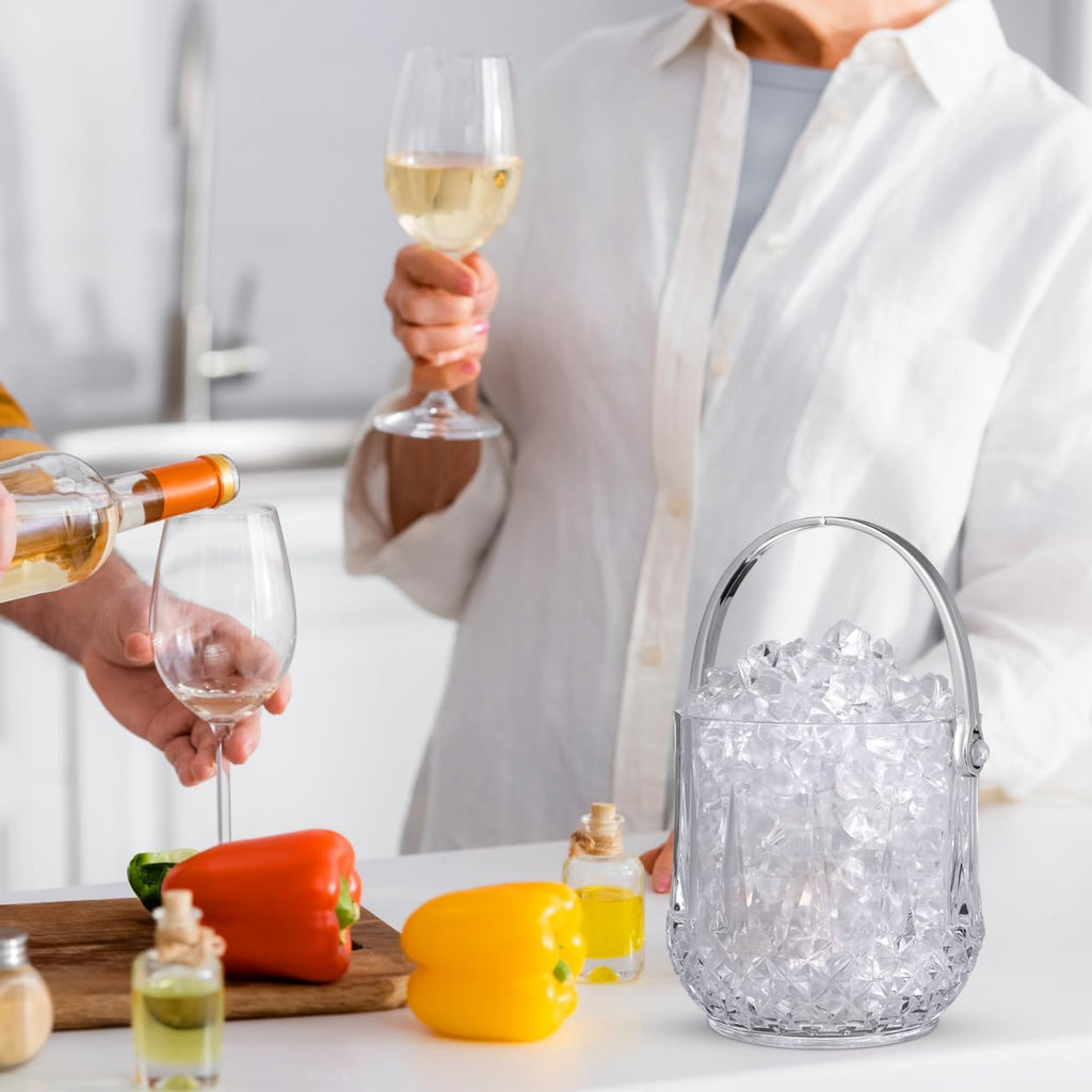 Small Plastic Ice Bucket with Tongs and Handle Clear Portable Ice Cube Bucket 5.11 Height for Wine Beer Beverage