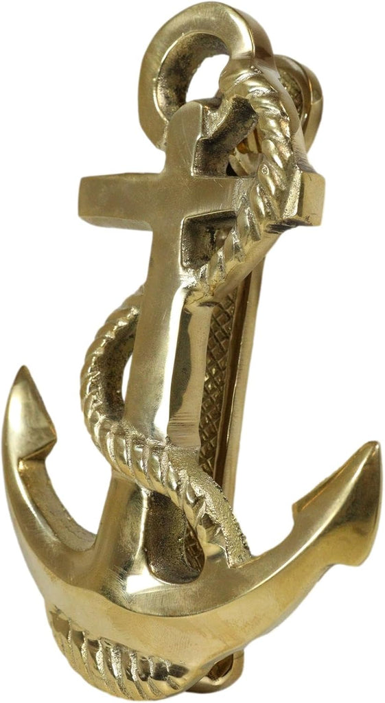 Brass Metal Golden Marine Nautical Sailor Ship Anchor Door Knocker Sculpture with Built in Striking Plate 5.5" H Navy