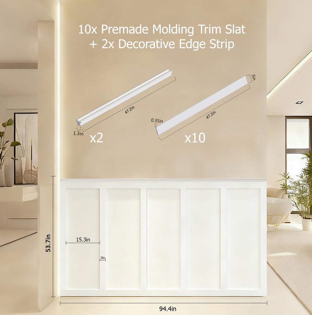 Board and Batten Wall Panel Kit,Paintable Wainscoting Panels Easy Install Living Room Hallway, Covers 94" x 54"