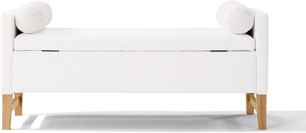 Boucle Upholstered Storage Bench 50.8" End of Bed Bench with 2 Round Pillows & Solid Wood Legs, Ample Hidden Storage