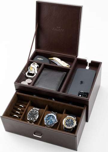 Mens Jewelry Box Organizer & Dresser Valet Tray - Premium Nightstand Station for Watches, Rings, and Accessories