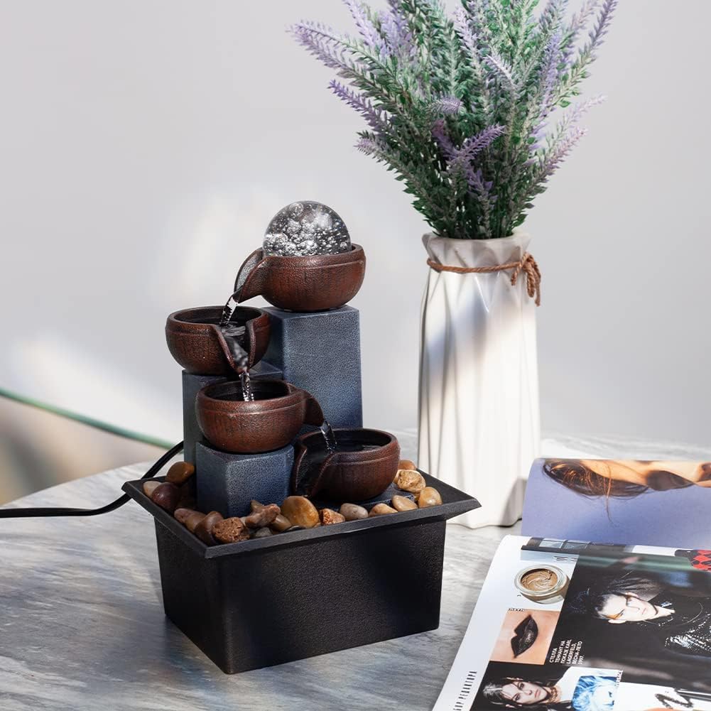Indoor Desktop Fountain 4-Tier Desktop Fountain with Warm LED Lights & 3-Speed Adjustable Pump - Ideal for Bedrooms
