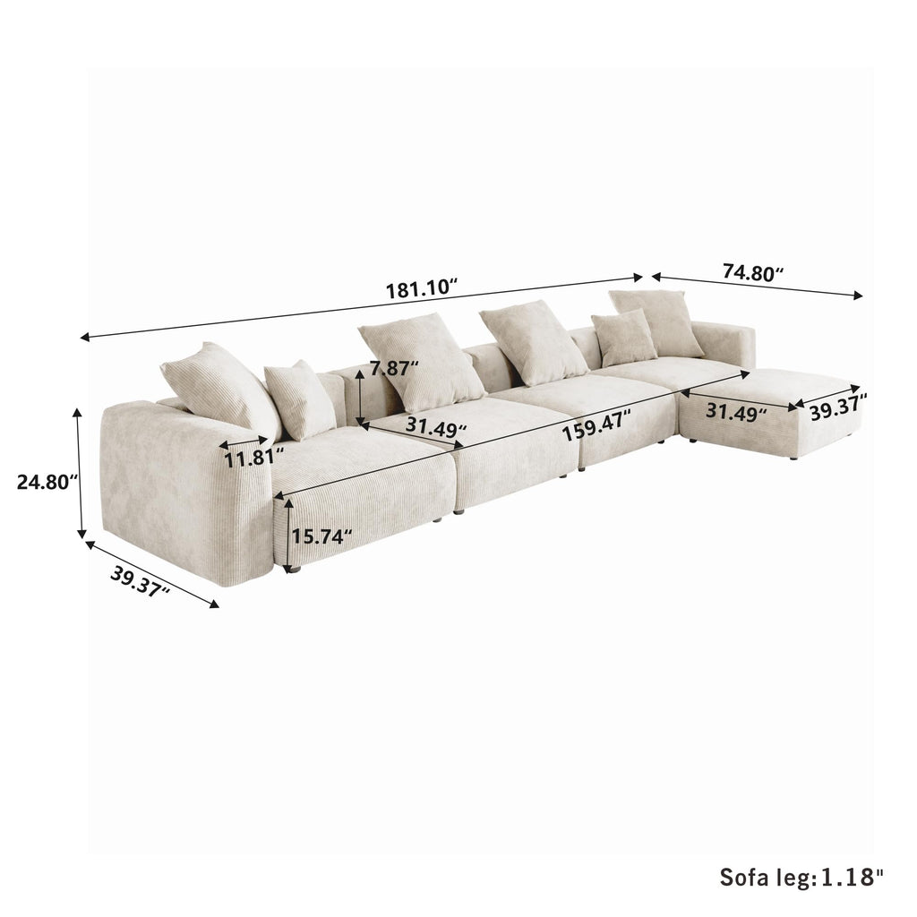 Oversized Modular Sectional Sofa with Ottomans, 5 Seater Corduroy L Shaped Reversible Corner Couch, 181.1" Convertible