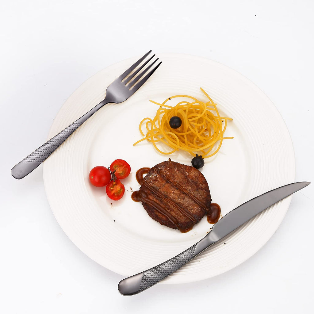 A·HOUSEWARE Black Silverware Hammered Flatware Kichen Stainless Steel Cutlery Set for 4 include Metallic Forks Knives