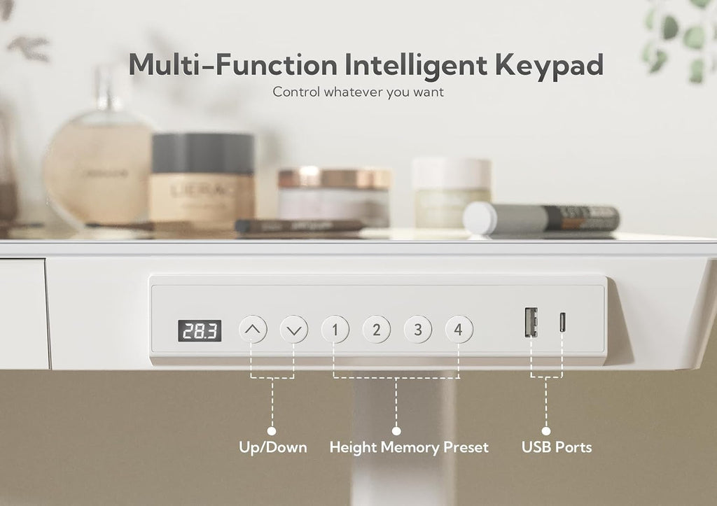 Glass Standing Desk with Drawers & USB Ports 55x24 Inch, White | 3 Steps Quick Install, 2 Zones Drawer, USB Ports