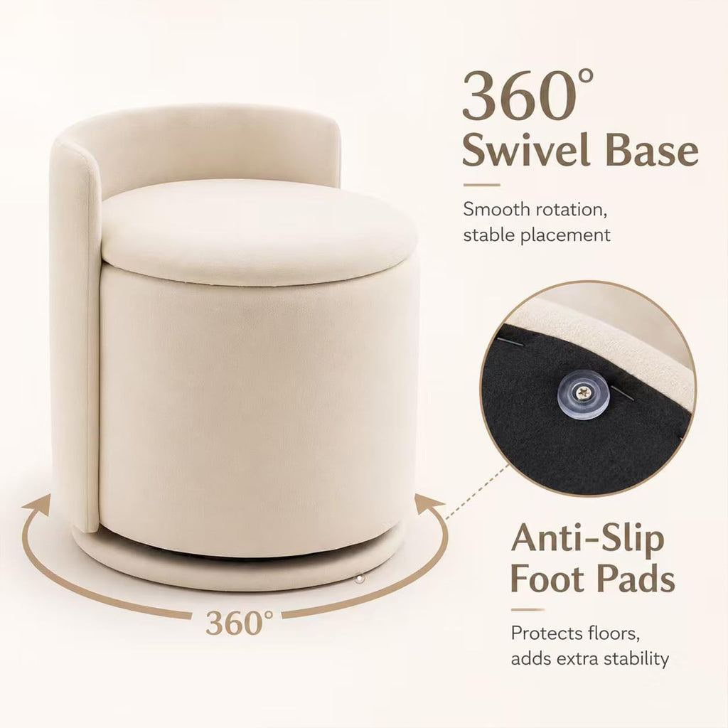 Velvet Ottoman with Storage and Back 360°Swivel Makeup Chair 17" D x 17" W x 20" H Multipurpose Soft Seat Ottoman