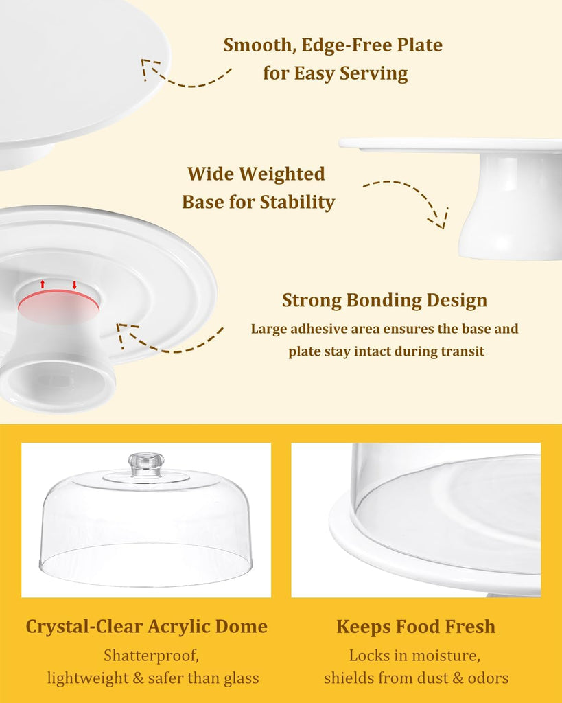 12 Inch Porcelain Cake Stand with Acrylic Dome Lid, White Pedestal