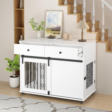 Dog Crate Furniture Wooden Dog Crate Pet Kennel - Dog Cage End Table, Sliding Barn Door, Lockable Wheels, White