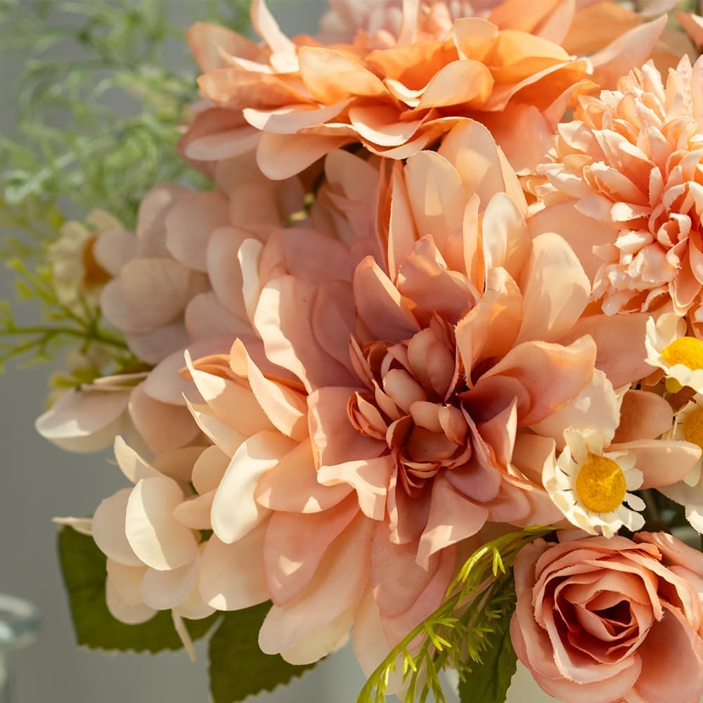 Fake Flowers with Vase Silk Dahlia Artificial Flowers in Vase Faux Hydrangea Flowers Arrangements with Vase