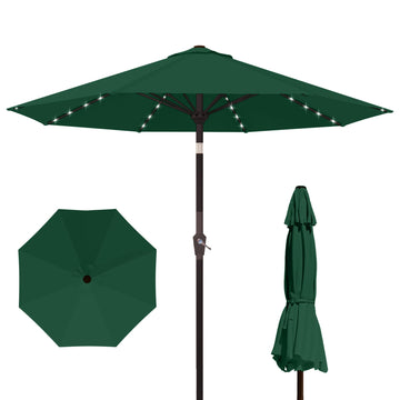 9FT Outdoor Patio Umbrella with Solar Lights, Market Table Umbrella with Push Button Tilt & Crank, 8 Sturdy Ribs, 32