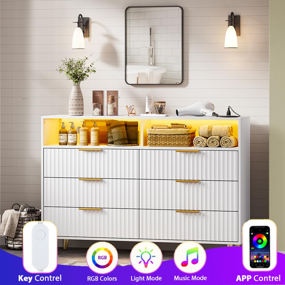 47.2 W 6 Drawer Dresser with LED and Charging Station, White