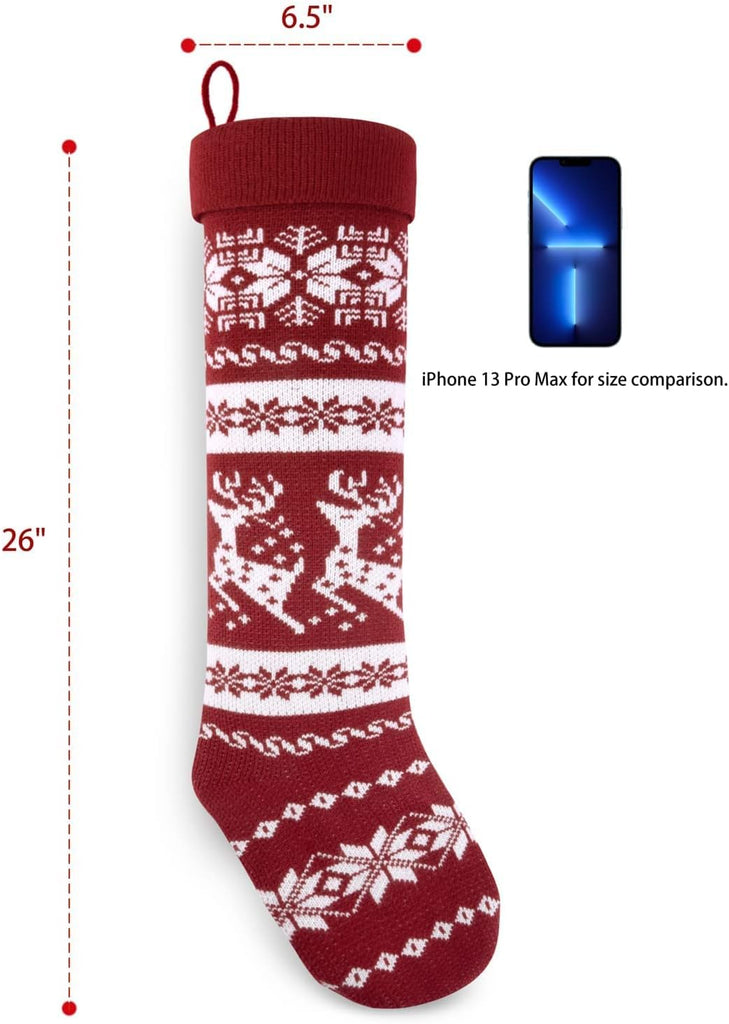 26-Inch Large Nordic Style Knitted Christmas Stockings in Burgundy/White for Stuffers & Mantel, Wall, & Staircase - Set of 4