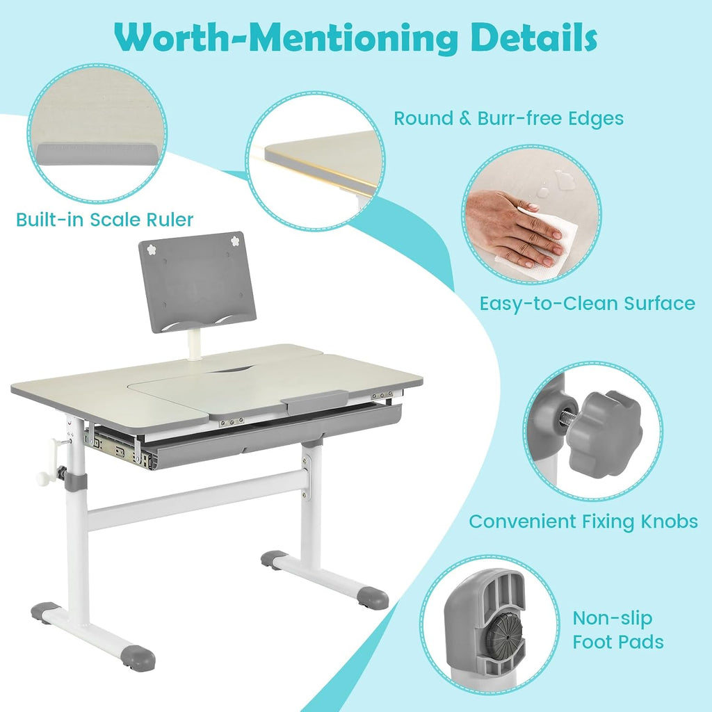 Children's Desk Height Adjustable Children's Desk Tilt Adjustable with Drawer & Measuring Ruler, Student Desk