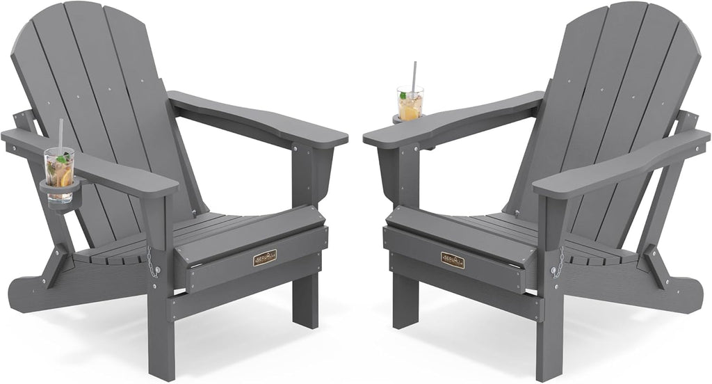Folding Adirondack Chair with Cup Holder Set of 2, Fire Pit - Gray | All Weather Adirondack Chairs, Fire Pit Chairs