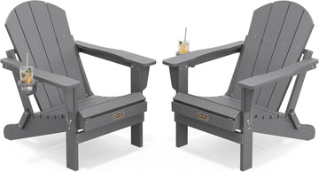 Folding Adirondack Chair with Cup Holder Set of 2, Fire Pit - Gray | All Weather Adirondack Chairs, Fire Pit Chairs