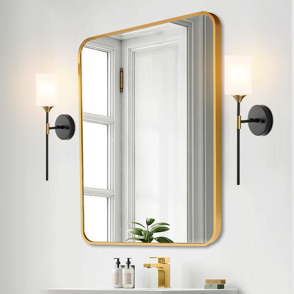 Industrial Mid Century Wall Sconce Set of 2 with White Cylinder Glass Shades Modern Bathroom Vanity Wall Lamp Black