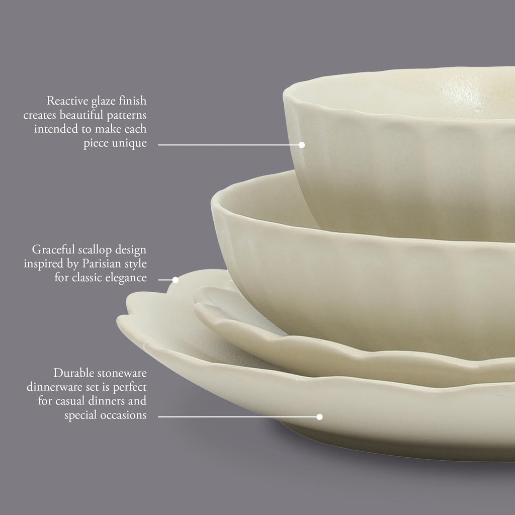 Malibu Shore 16 Piece Scalloped Edge Stoneware Matte Reactive Glaze (Service for 4) Ceramic Plates and Bowls