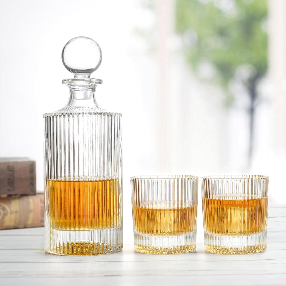 27Oz Whiskey Liquor Decanter Ribbed Set in Box,Decanter Set with 2 Glasses - Set of 3
