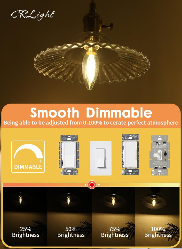 2W E12 Dimmable LED Candelabra Bulb B10 2700K Warm White, 6 Pack