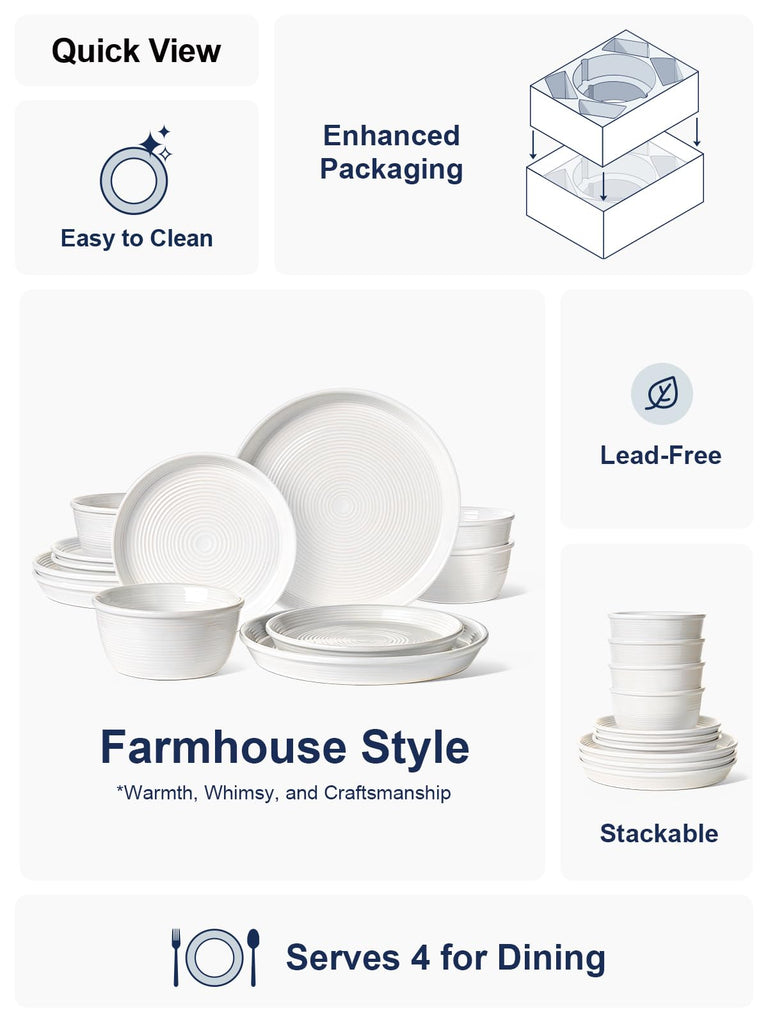 Ceramic Dinnerware Set for 4, 12-Piece Plates and Bowls, White