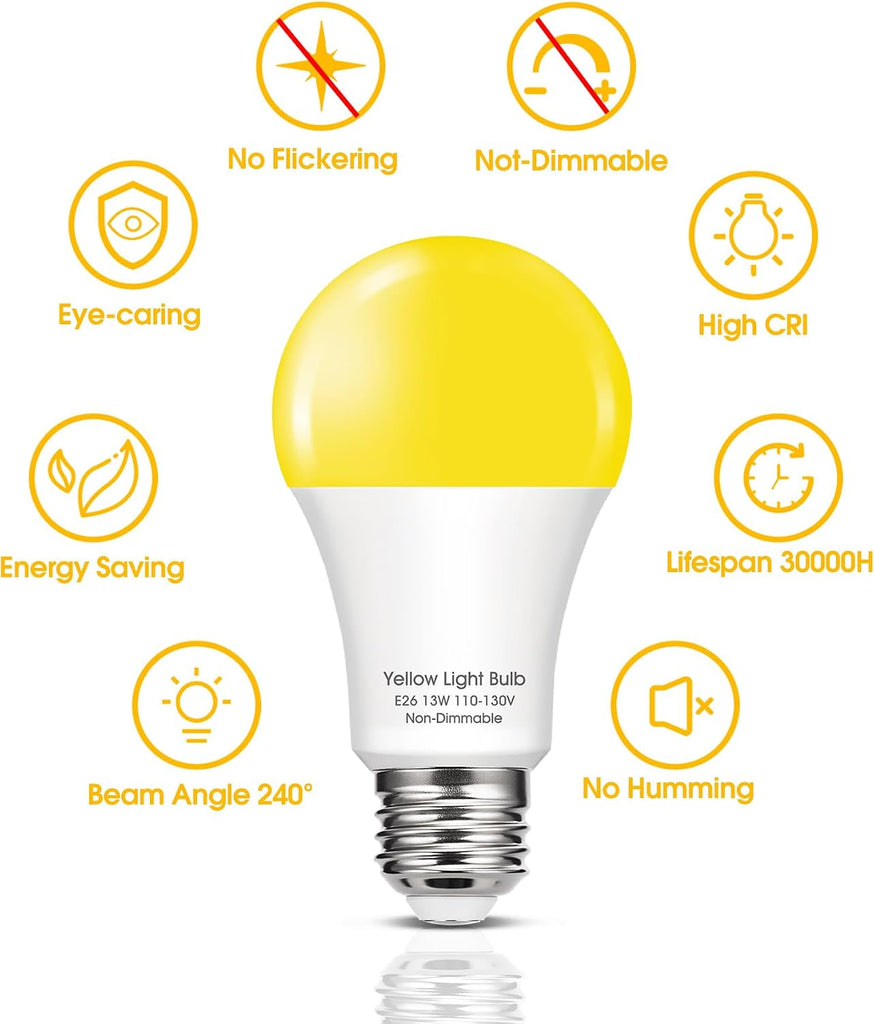 A19 Yellow LED Bug Light Bulbs Outside, 150W Equivalent 13W, E26 Base