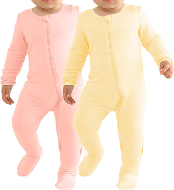 2 Pack Long Sleeve Bamboo Rayon Romper One-Piece Double Zipper Footies