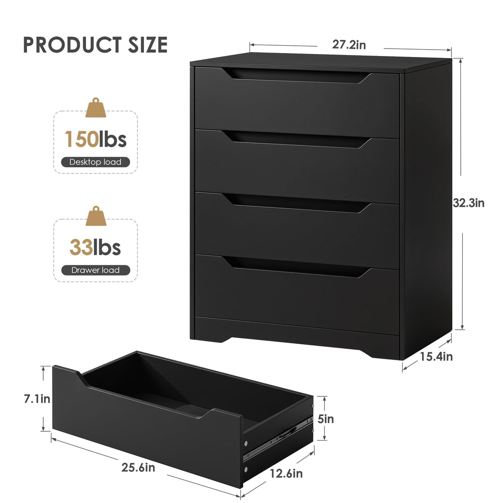 Modern 4 Drawers Dresser, Wood Chest of Drawers with Storage, Black
