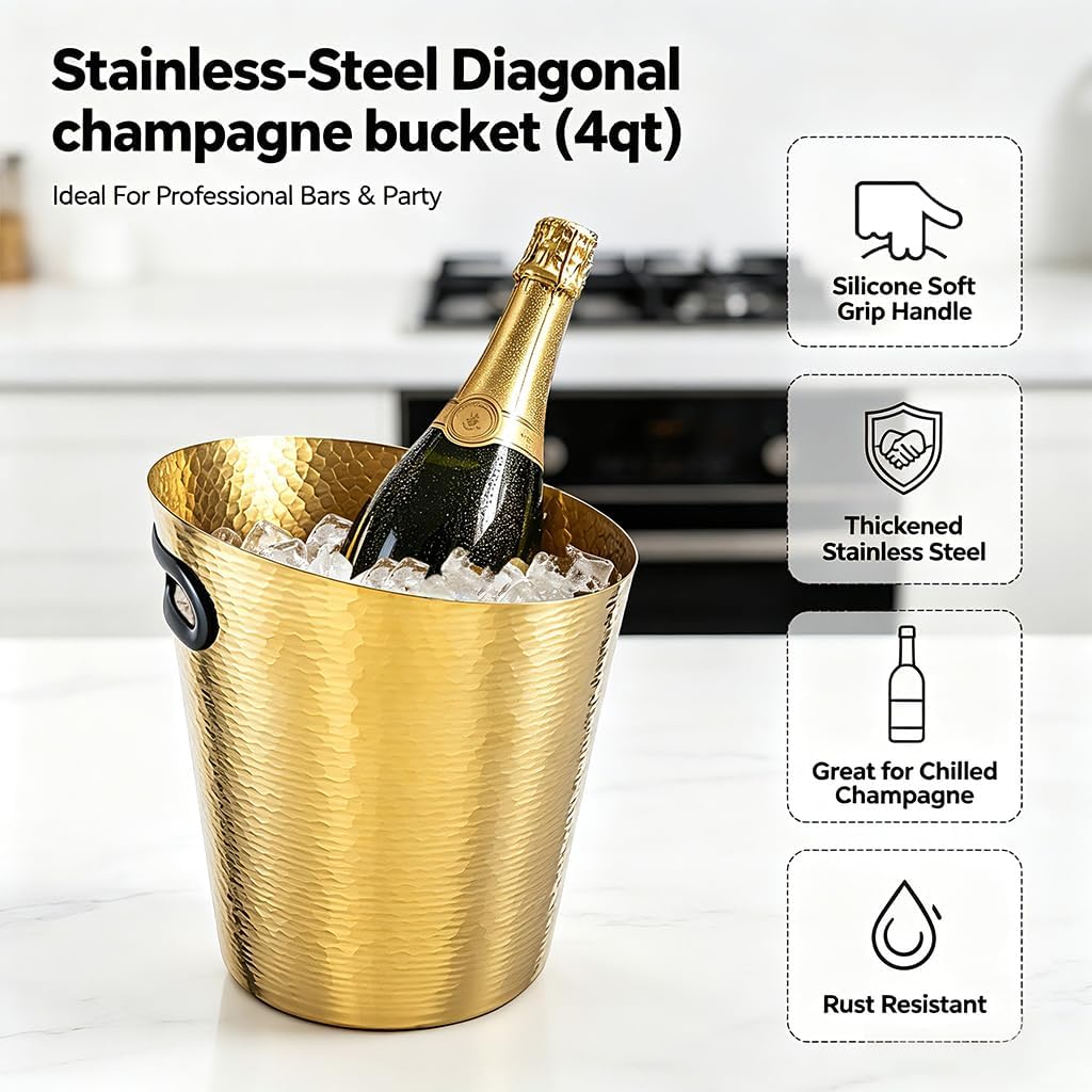 Stainless Steel Champagne Bucket - Stainless-Steel Beverage Tub - Diagonal Ice Bucket with Handle for Cocktail Bar
