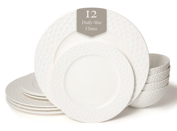Bone China 12 Piece Dinnerware Set, Santorini Collection (Honeycomb), White, Daily Use China, Embossed Tableware