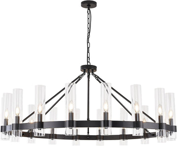 Inspired Ravelle Style Black Wagon Wheel Chandelier with Glass Shape Large Farmhouse Chandeliers Lighting,Hanging Ceiling Round Pendant Light Fixtures for High Ceiling (Black + Glass Shape)