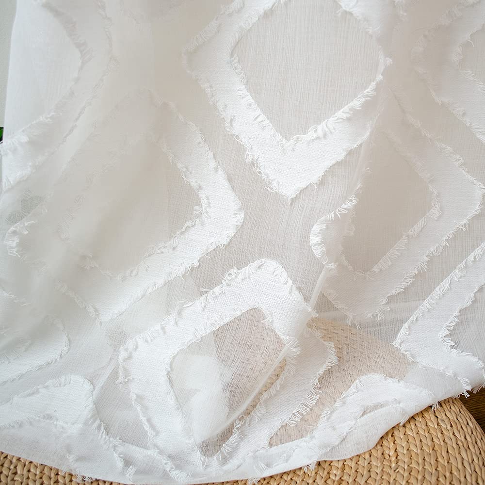 Shaggy Sheer White Curtains 84 inches Long, Diamond Patterned White Drapes Geometric Faux Linen Sheer Curtains