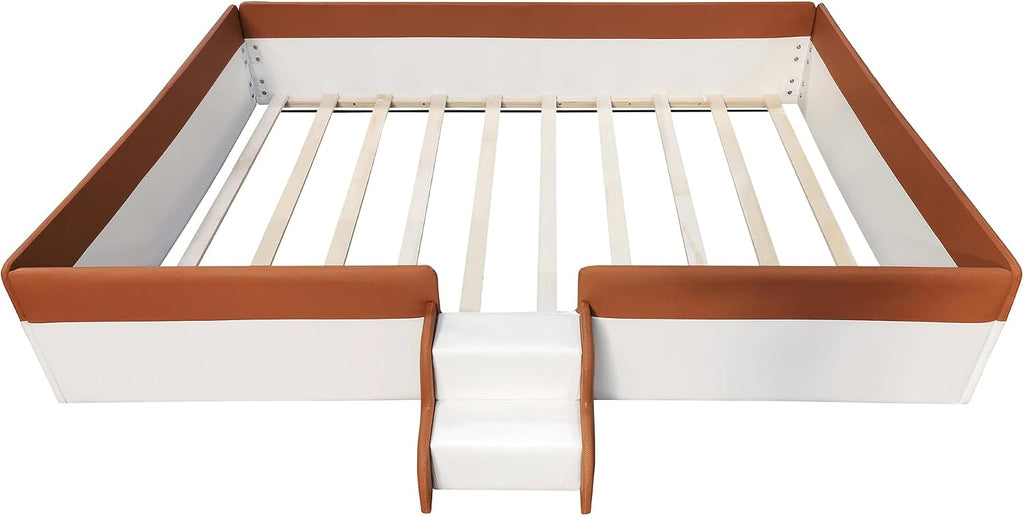 Queen Size Upholstered Daybed Frame with Fence and Stairs, Montessori Kids Floor Bed with Sturdy Slat Support for
