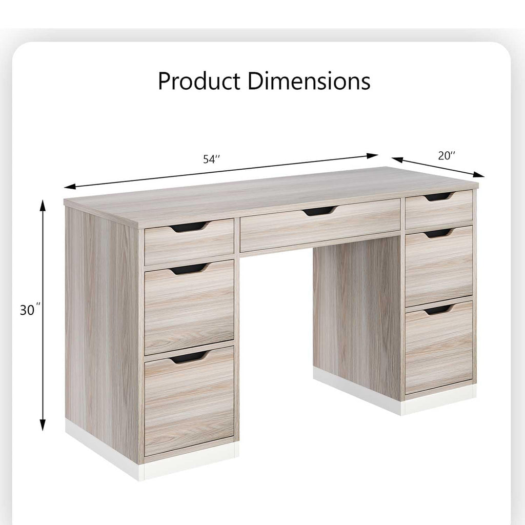 Home Office Desk with Drawers, 54 Inch Computer Desk with Storage, Study Writing Desk with 7 Drawers for Small