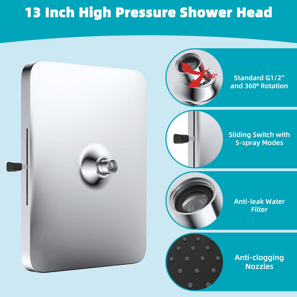 CUPC Certified 5 Spray Modes Shower Head, 13'' High Pressure Large Rainfall Shower Head, High Flow Waterfall Bathroom