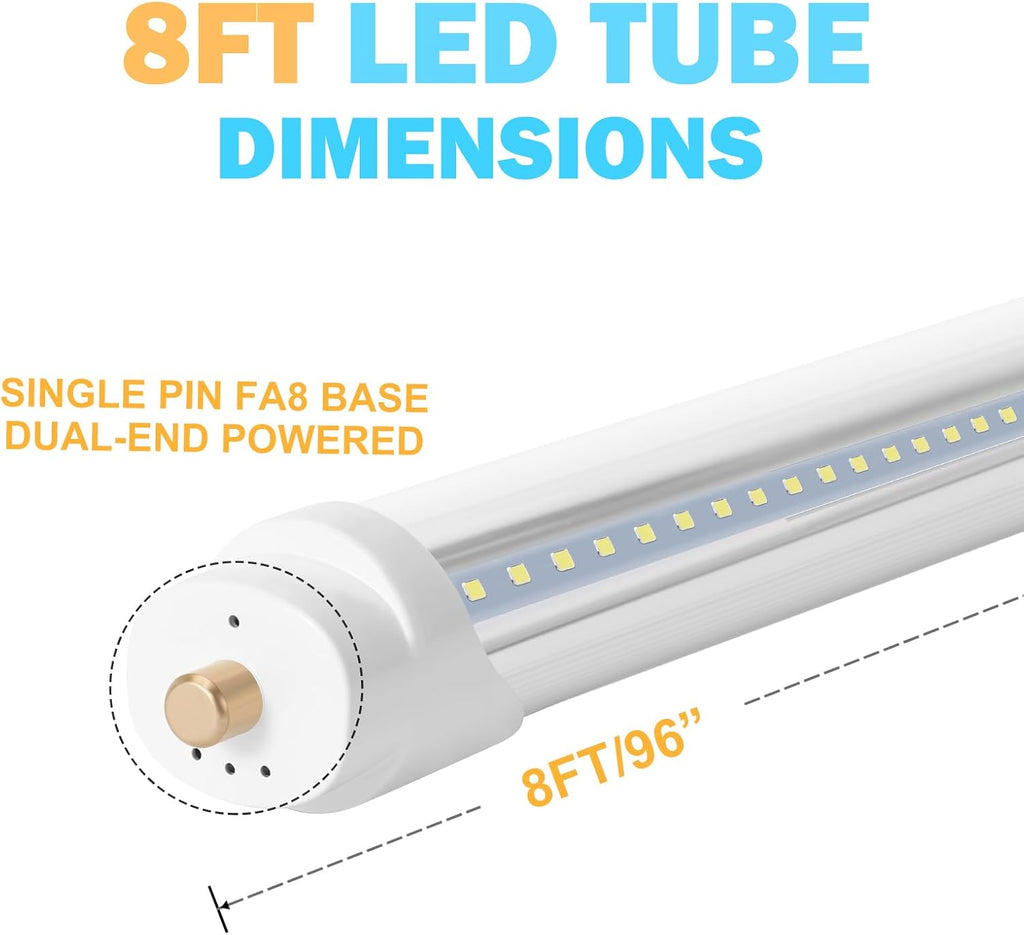 T8 V Shaped 8FT LED Tube Light,Need Bypass Ballast,90W Single Pin FA8 Base 6000K Cold White, 8 Foot (Replace 180W