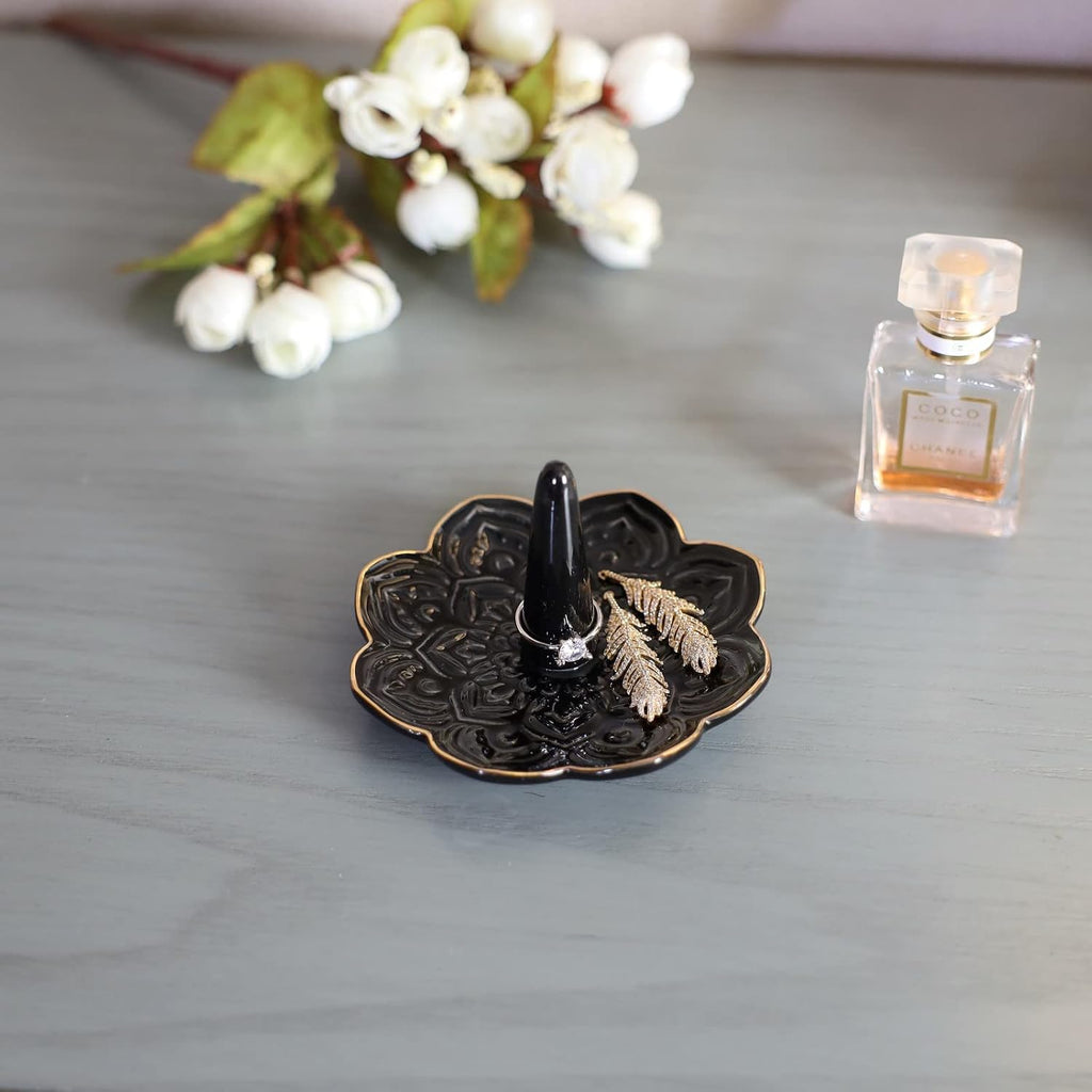 Ceramic Black Mandala Jewelry Holder Decorative Ring Holder/Trinket Tray Birthday Valentine Engagement Wedding Gifts