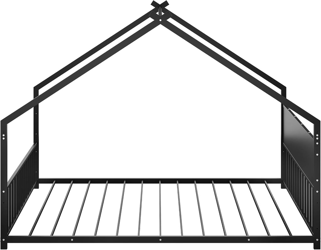 House Floor BedFrame with Slats for Kids, Metal House Bed with high headboard, Black with roof and Lights