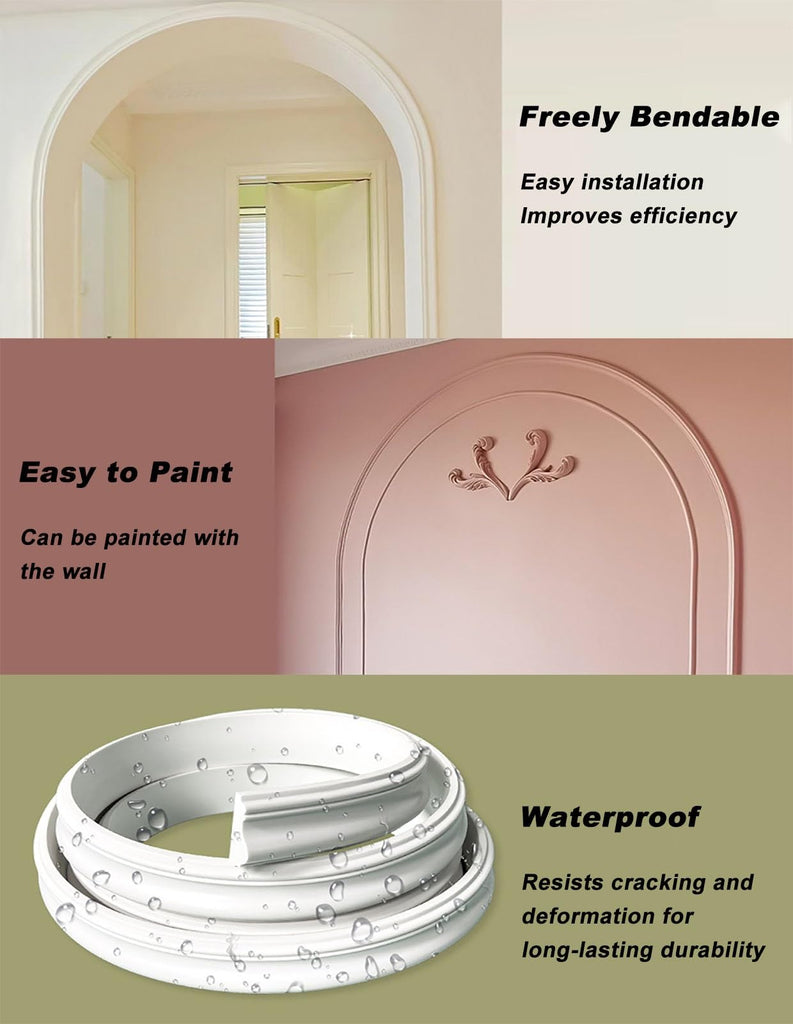 White Flexible Arch Trim Molding, Bendable Wall & Doorway Frame Trim for Curved Openings, DIY Decorative Moulding for