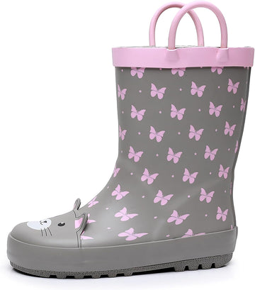 Toddler and Kids Rain Boots with Easy-On Handles, Unisex-Child Waterproof Rubber Rain Boots in Fun Patterns for Girls