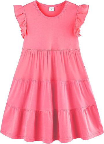 Girl's Dresses Cotton Ruffle Sleeve Tiered Swing A-Line Cute Midi Casual Sundress