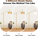 【Upgraded】Arc Floor Lamp, Boho Dimmable Swing Arm Floor Lamp with Rattan & Fabric Shades