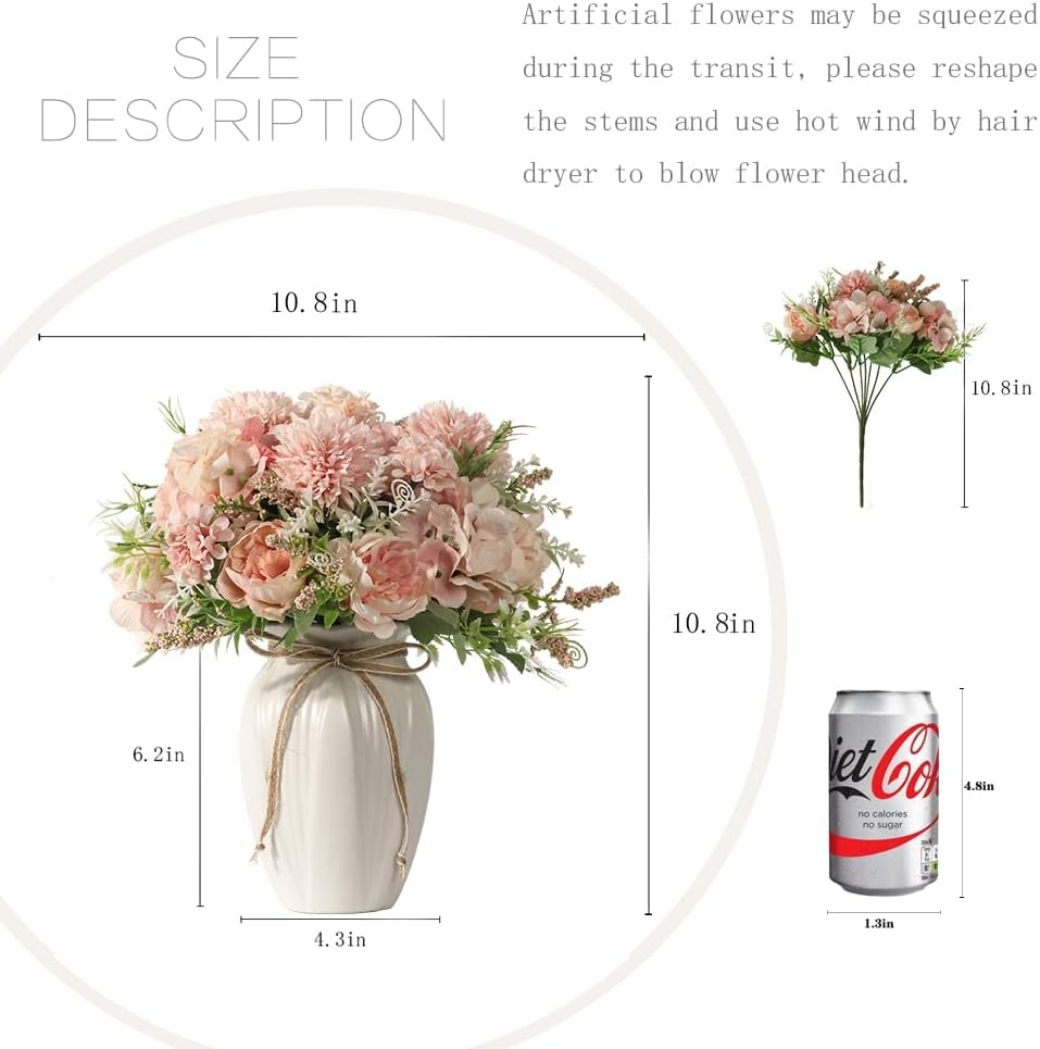 Peonies Artificial Flowers in Vase, Fake Hydrangea Silk Peony Flower Bouquet with Vase Faux Flowers Arrangement Decor - Set of 3