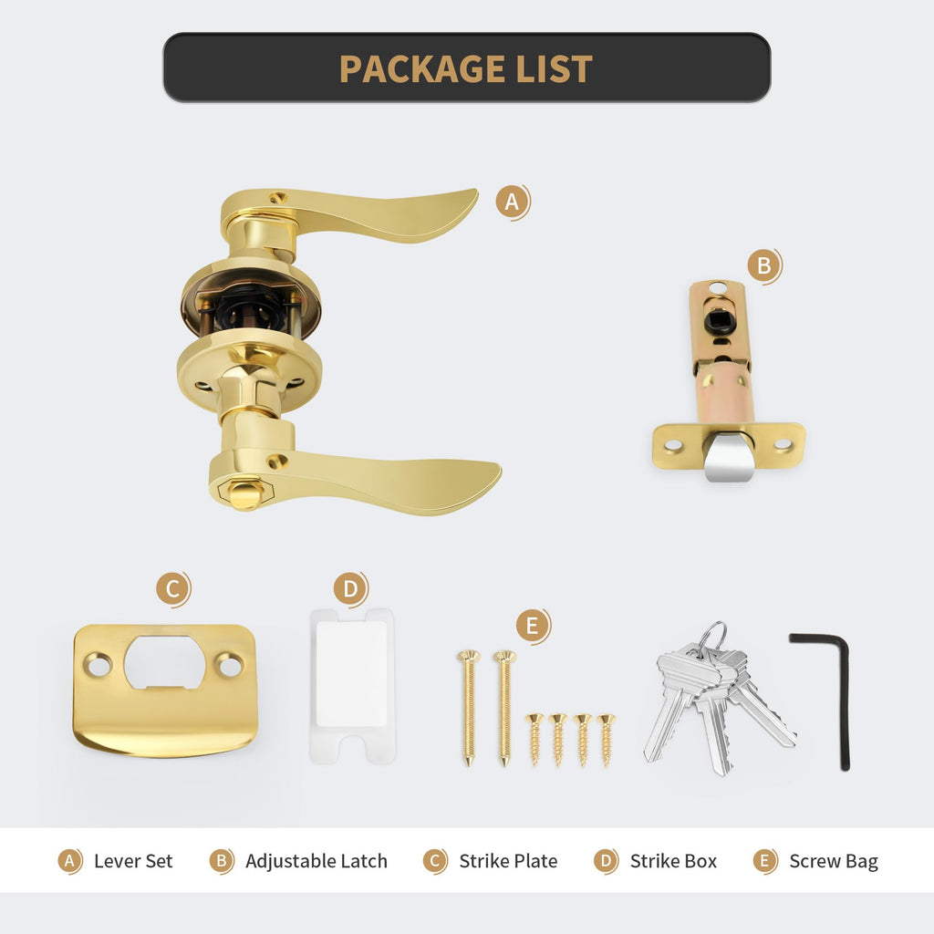 Wave Style Entry Door Handle with Keys, Keyed Door Lever with Lock for Front/Entrance in Polished Brass Finish