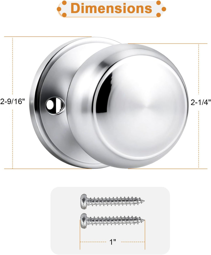 Polished Chrome Door Knob One Side 4 Pack, Fake Door Handles Dummy Function for Closet French Doors, Chrome Inactive