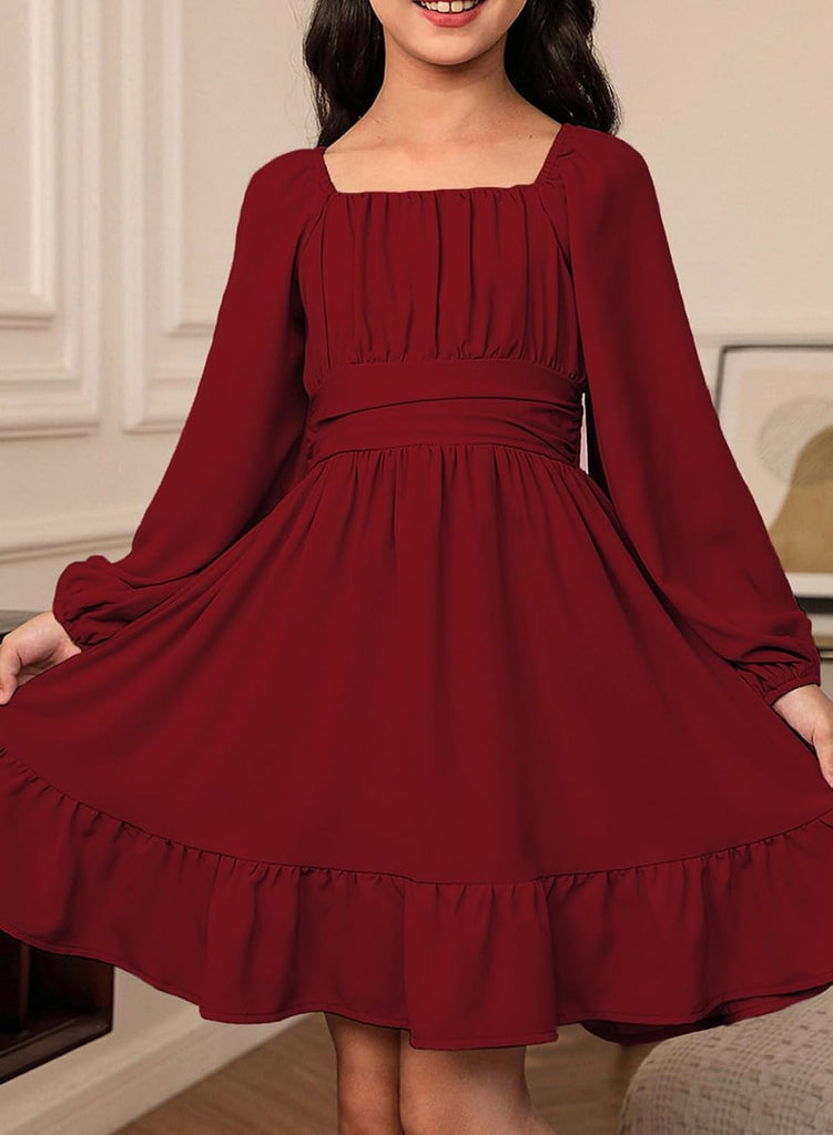 Girls Long Sleeve Tie Back Dress Fall Casual A-Line Ruffle